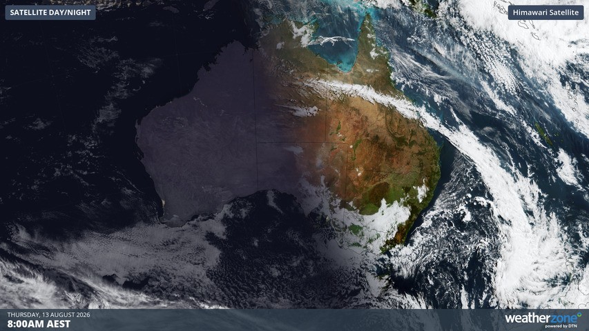 Image: Satellite image over Australia at 8 am (AEST) on Thursday, August 13, 2026. Source: Weatherzone