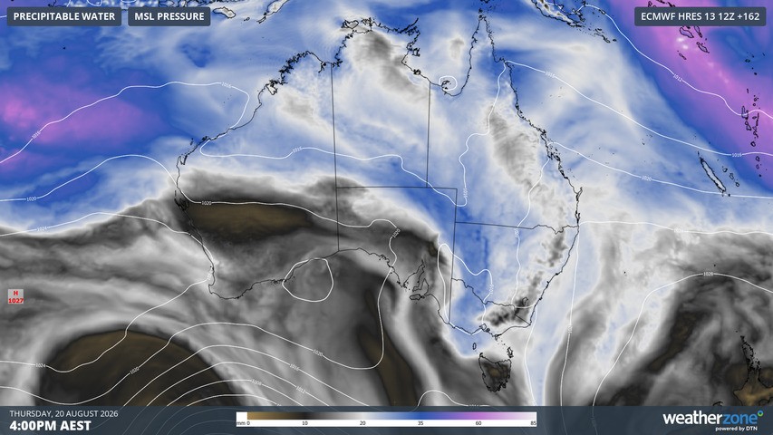 Image: Precipitable water and mean sea level pressure at 4pm AEST on August 20, 2026. Source: Weatherzone.