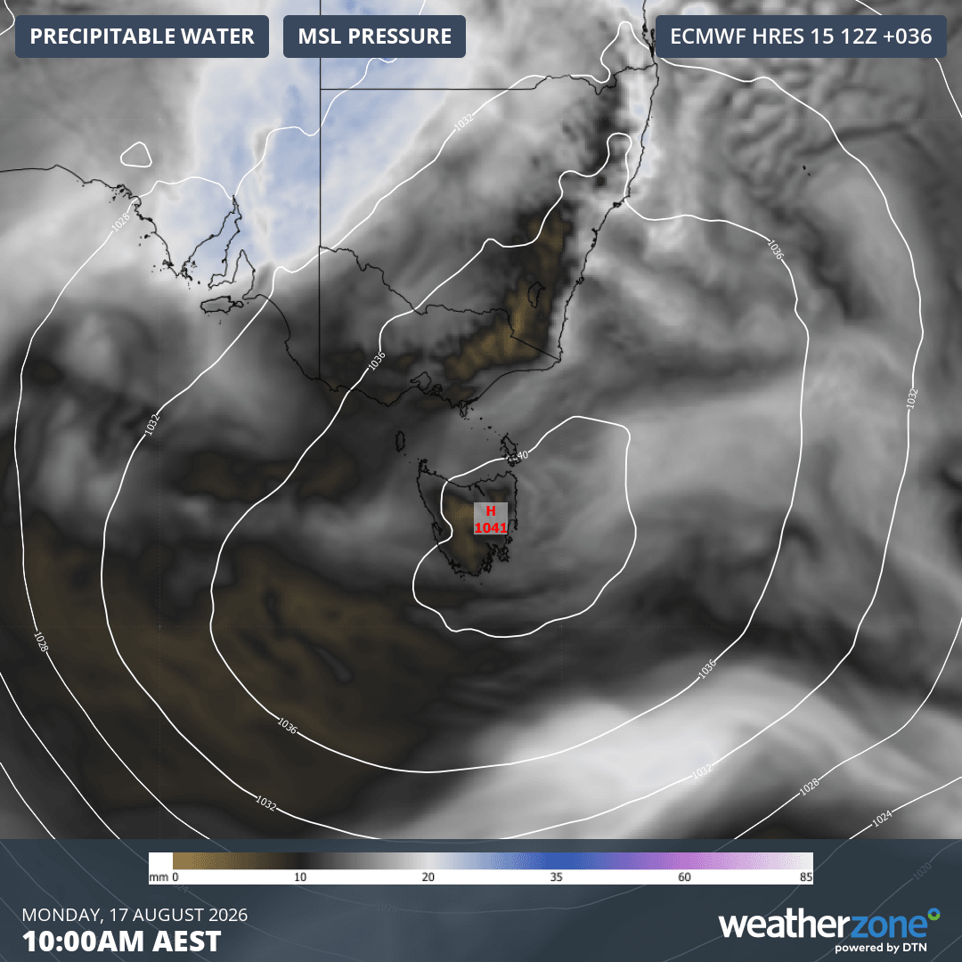 Image: Mean Sea Level Pressure (MSLP) levels will be very high on Monday, August 17, 2026 over Tasmania.. Source: Weatherzone