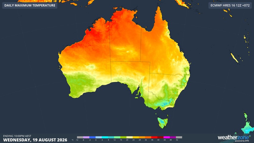 Image: Expected maximum temperatures across Australia on Wednesday, August 19, 2026, according to the ECMWF model. Source: Weatherzone