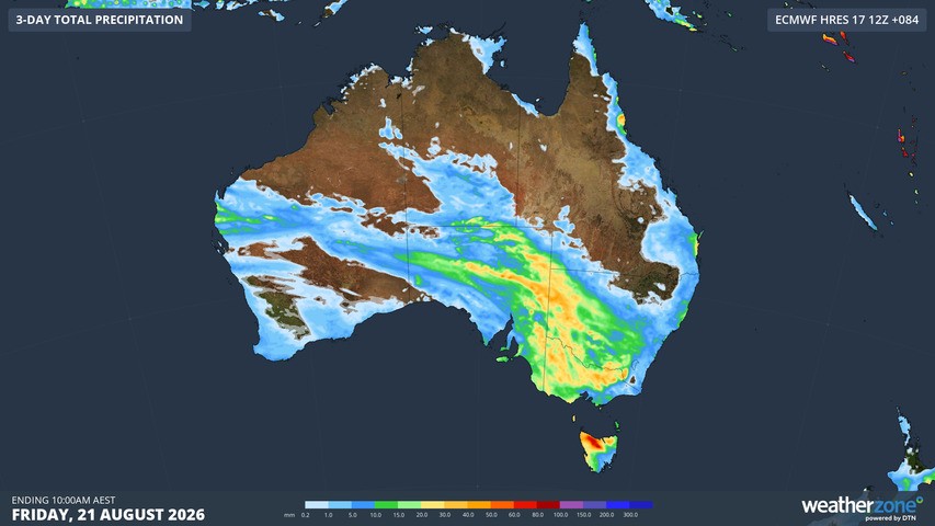 Image: Predicted rainfall across Australia until 10 am (AEST) on Friday, August 21, 2026, according to the ECMWF model. Source: Weatherzone