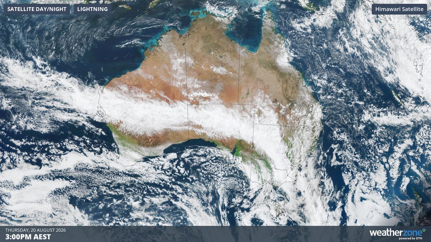 Image: Satellite image showing the northwest cloudband stretching across Australia at 3 pm (AEST) on Thursday, August 20, 2026. Source: Weatherzone