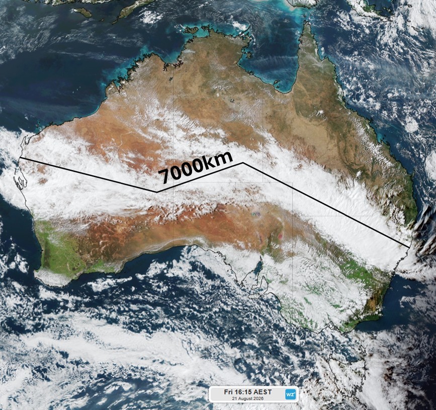 Image: Satellite image of the 7000km cloudband over Australia. Source: Weatherzone