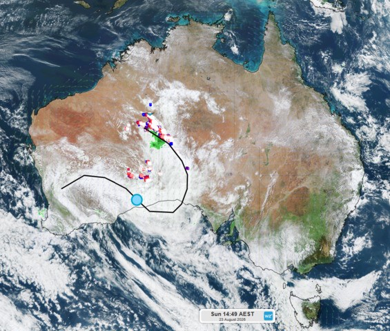 Image: Satellite image of the Low and trough arms over southeast Western Australia at 2:49pm. Source: Weatherzone