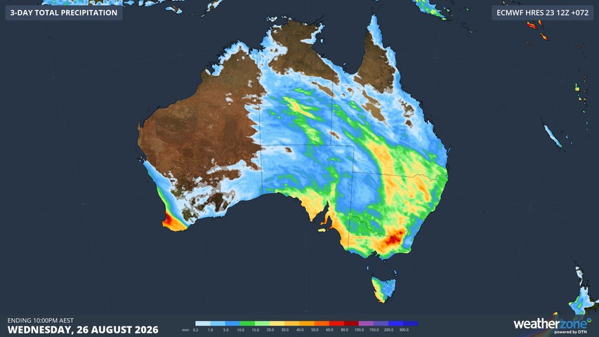 Image: Forecast accumulated rain between Monday and Wednesday this week. Source: Weatherzone.