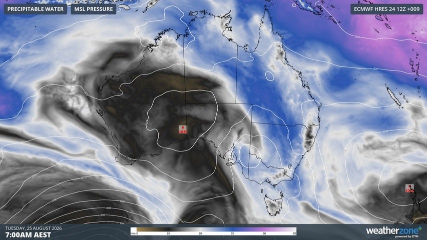 Image: Modelled precipitable water and mean sea level pressure on Tuesday. Source: Weatherzone.
