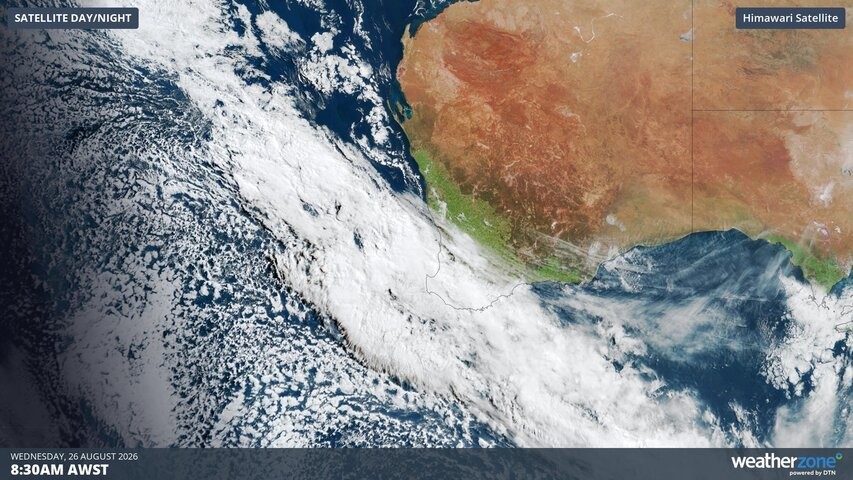 Image: Visible satellite image showing a cold front over southwest WA on Wednesday morning. Source: Weatherzone.