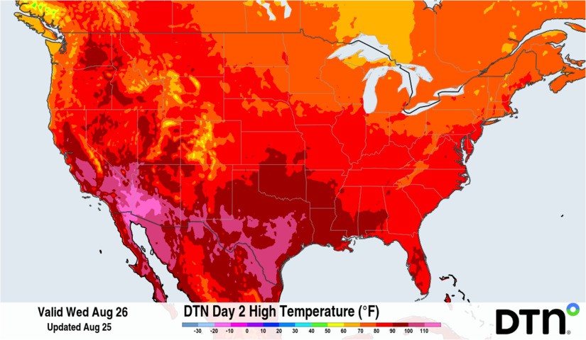Image: Forecast maximum temperature on Wednesday, August 26, 2026. Source: DTN.