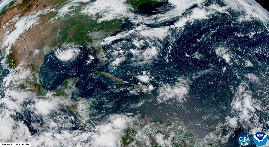 Image: Satellite image showing clouds over part of the Atlantic and Gulf region on August 31, 2026. Source: CIRA / GOES-19