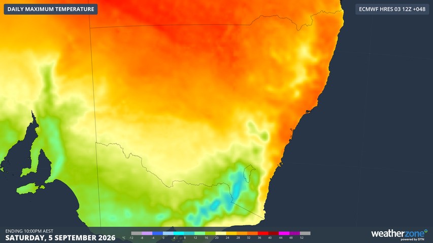 Image: Predicted maximum temperatures for NSW on Saturday, September 5, 2026, according to the ECMWF model. Source: Weatherzone