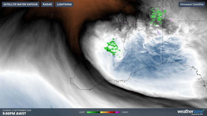 Image: Rain radar and atmospheric moisture over Western Australia at 9 pm (AWST) on Sunday, September 6, 2026. Source: Weatherzone
