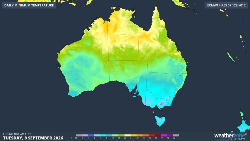 Image: Minimum temperatures across Australia on the morning of Tuesday, September 8, 2026. Source: Weatherzone