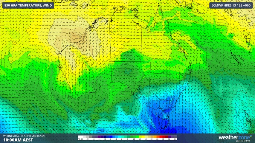 Image: 850hPa temperatures and winds predicted for southeastern Australia at 10 am (AEST) on Wednesday, September 16, 2026. Source: Weatherzone