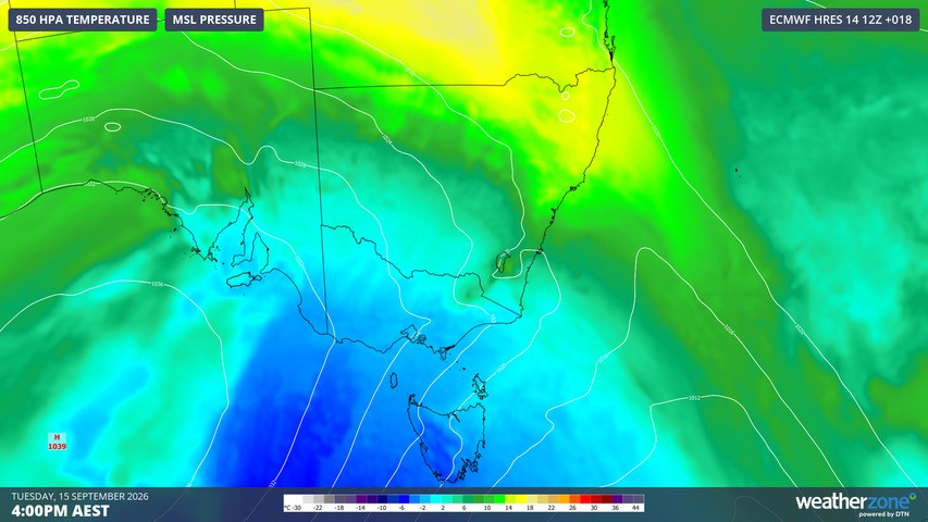 Image: Predicted 850 hPa temperatures and mean sea level pressure across SE Australia for 4 pm (AEST) on Tuesday, September 15, 2026. Source: Weatherzone
