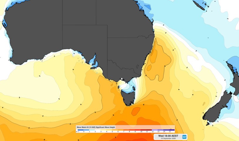 Image: Modelled significant wave height over the Tasman Sea on Wednesday evening. Source: Weatherzone.