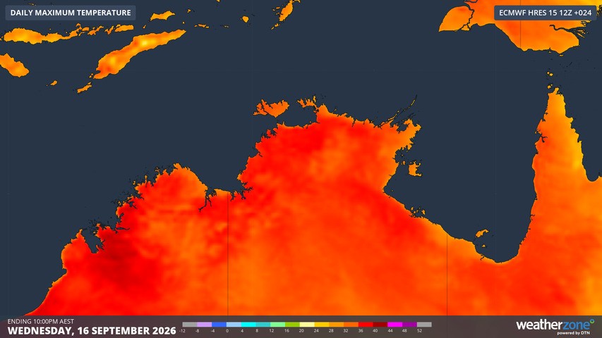 Image: Predicted maximum temperatures for the NT and parts of adjacent states according to the ECMWF model on Wednesday, September 16, 2026. Source: Weatherzone