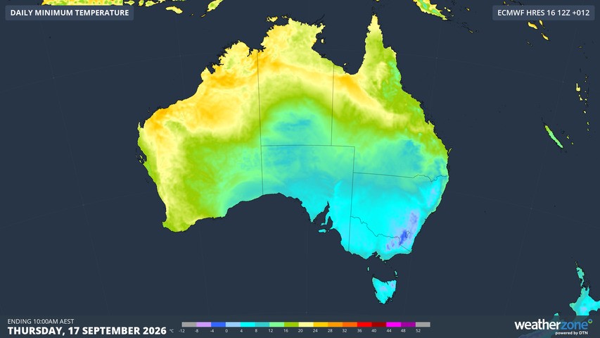 Image: Modelled minimum temperatures on Thursday, September 17, 2026. Source: Weatherzone.