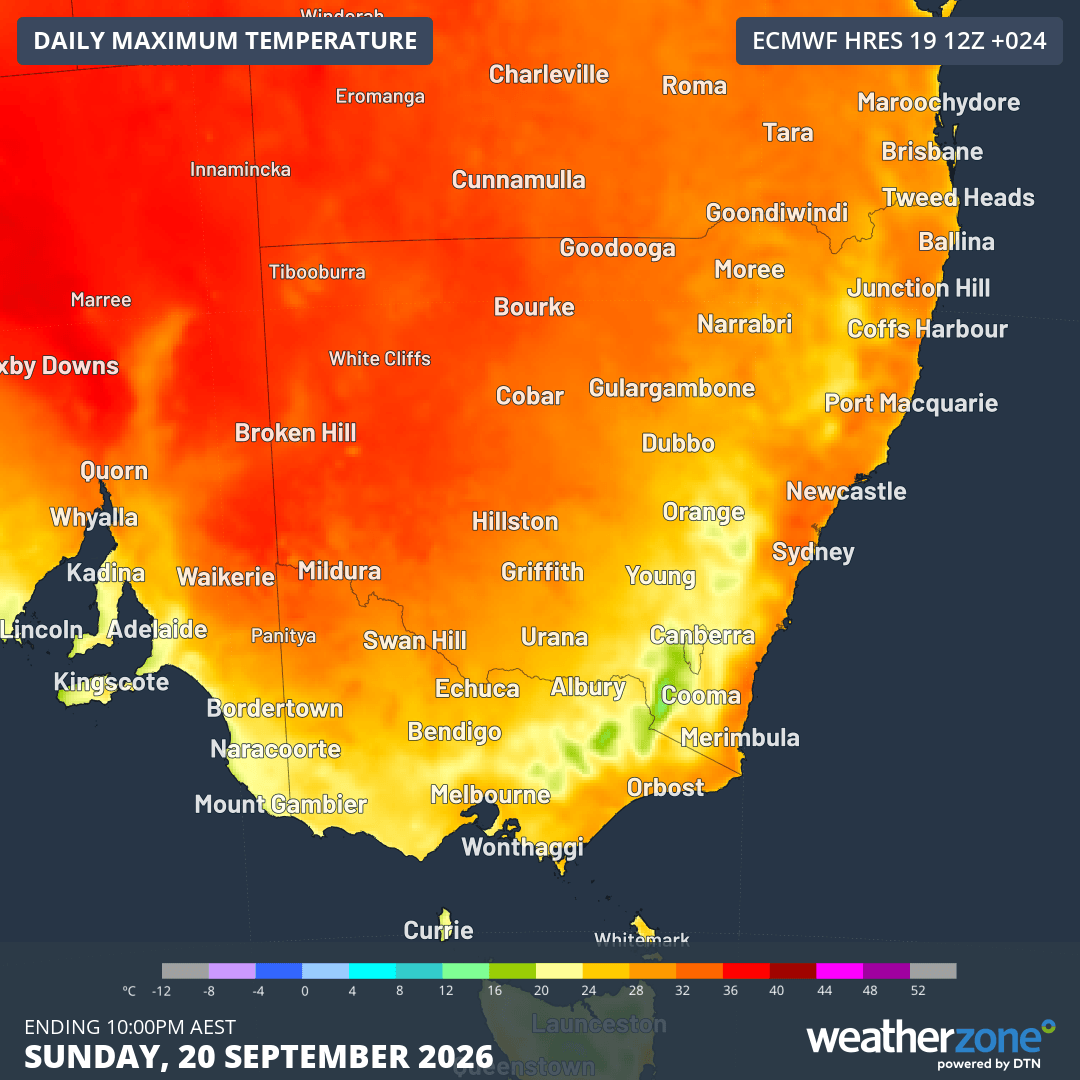 Image: Forecast maximum temperatures across southeastern Australia on Sunday, September 20, 2026. Source: Weatherzone