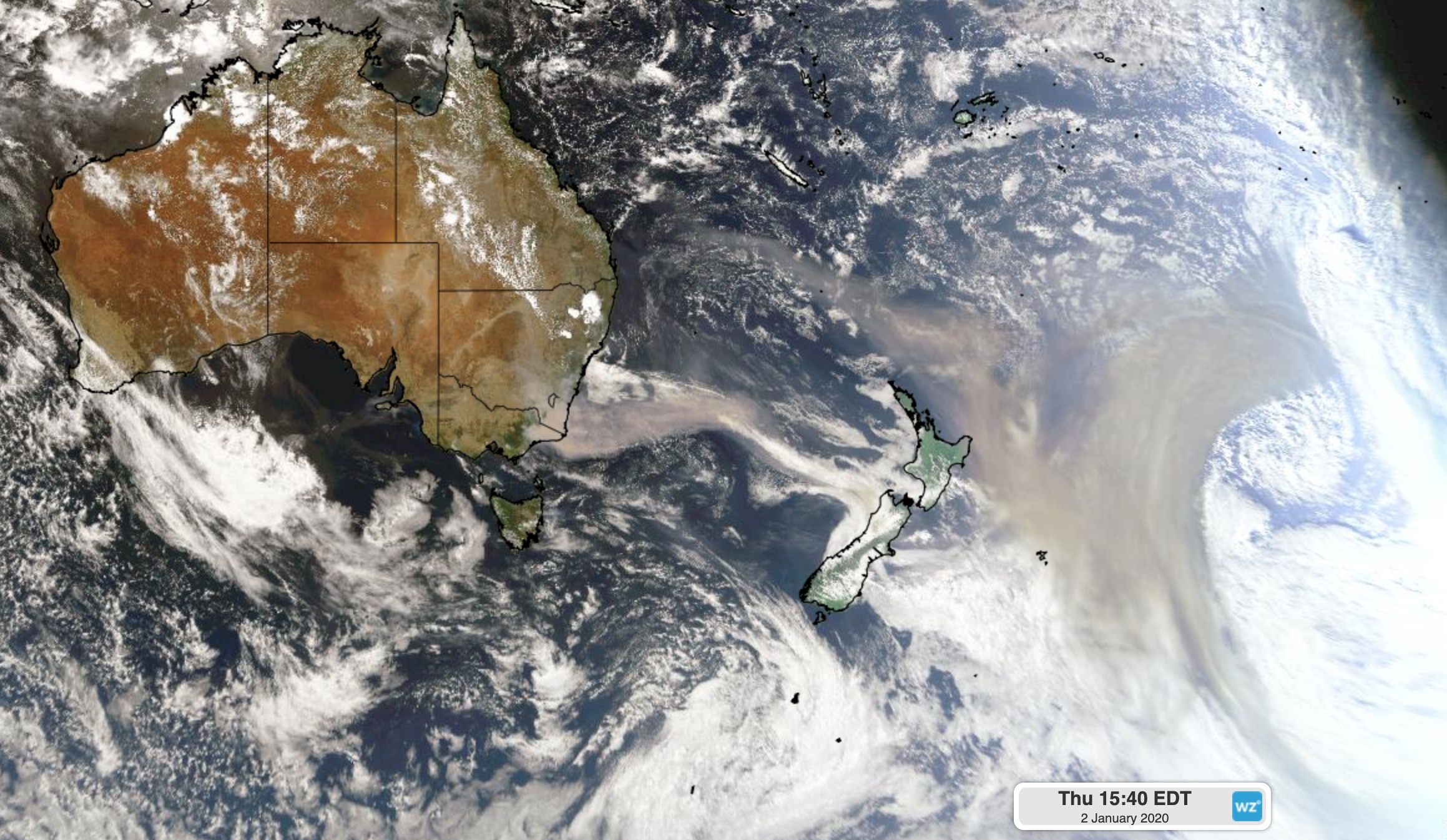 Australian smoke travelling across Pacific Ocean
