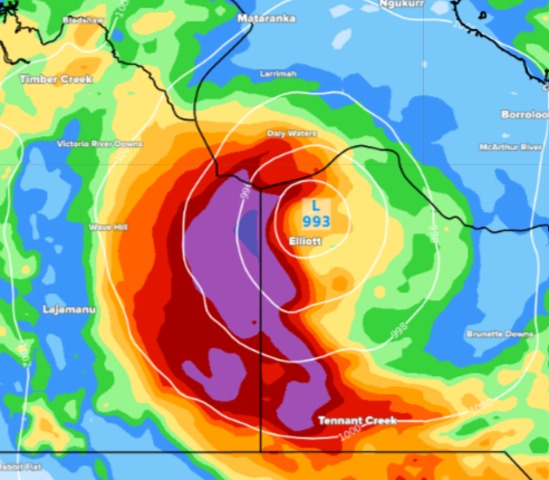 Monsoon low taking flooding rain from the NT to Kimberley