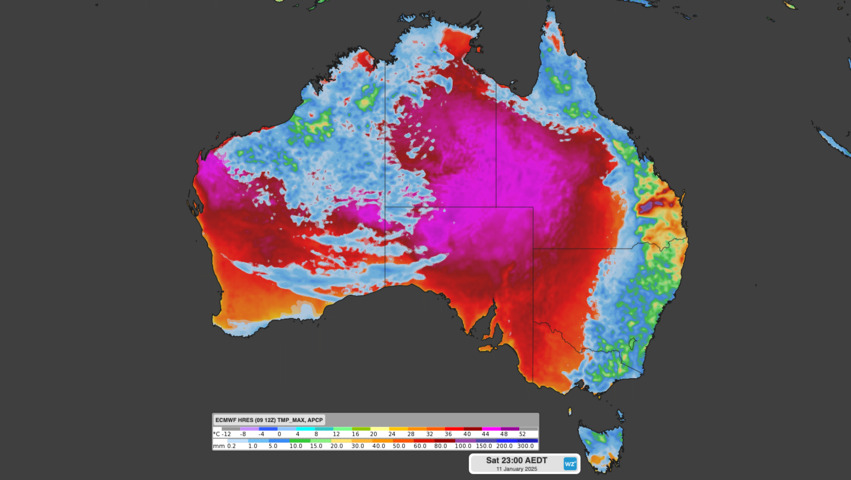 Image: Forecast maximum temperature and accumulated daily rainfall on Saturday, January 11, 2025. Source: Weatherzone.