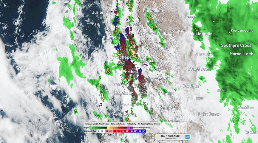 Image: Thunderstorms over Perth on Thursday. Source: Weatherzone.