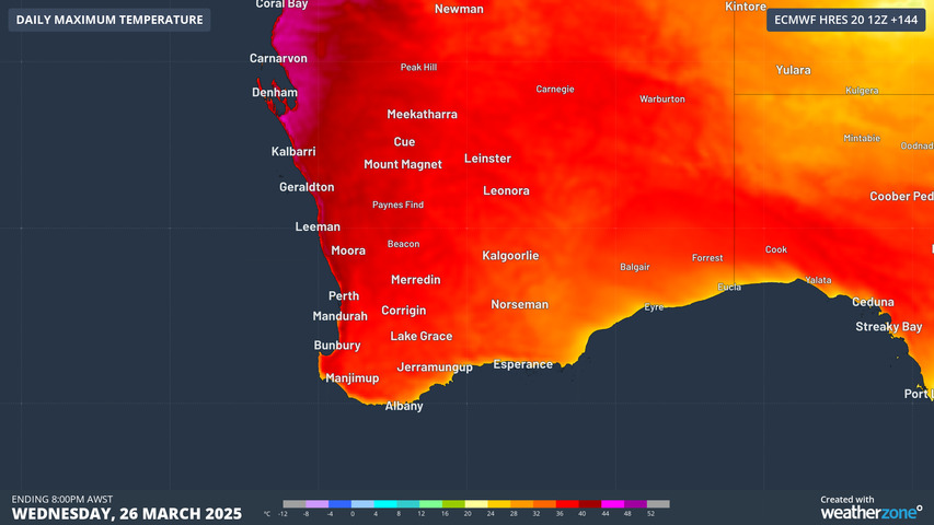Image: Forecast maximum temperature on Wednesday, March 26. Source: Weatherzone.
