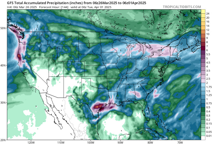 Image: Areas of heavy precipitation are forecast across portions of the Central Plains, Midwest, Lower Mississippi Valley, and Gulf Coast over the coming week.. Source: Tropicaltidbits.com