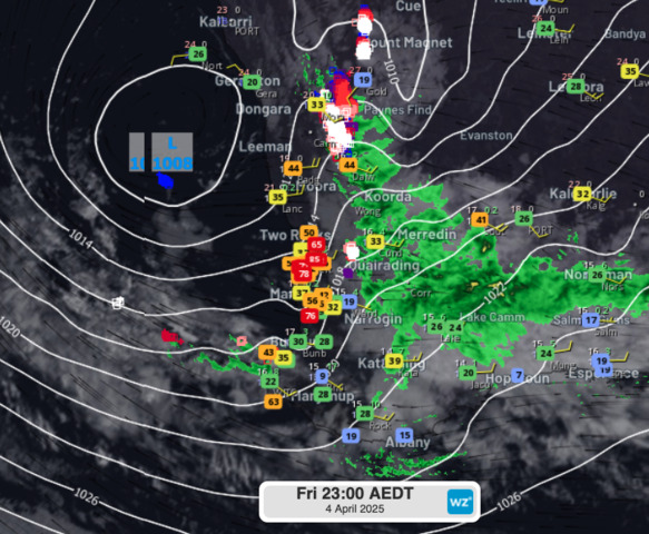 Image: Wind gusts (km/h), Perth area on Friday evening. Source: Weatherzone