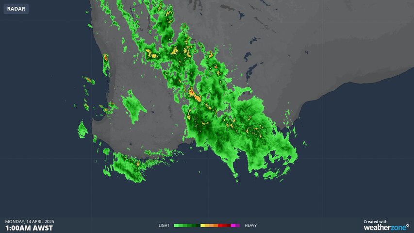 Image: The rainband at its most intense at 1am (AWST) on Monday, April 14, 2025. Source: Weatherzone