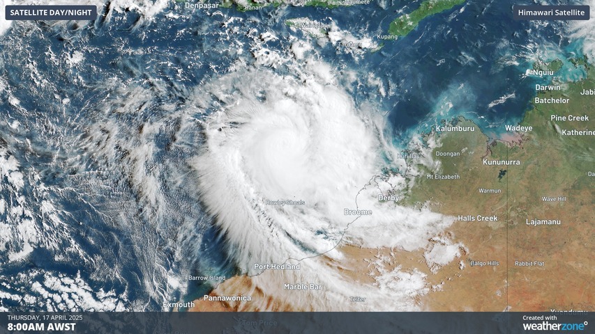 Image: Visible satellite image showing Tropical Cyclone Errol near WA on Thursday morning. Source: Weatherzone.