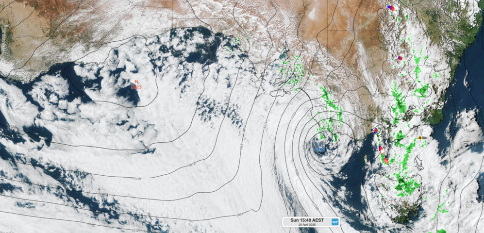 Image: Satellite imagery over southern Australia for the afternoon of Easter Sunday. Source: Weatherzone