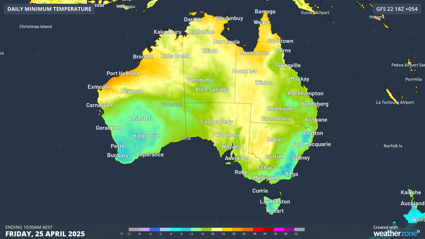 Image: Minimum temperatures across Australia on Friday, 25 April. Source: Weatherzone