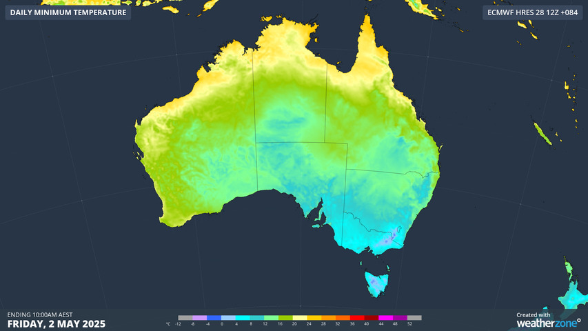 Image: Sub-zero temperatures can be expected in parts of four states and territories by Friday. Source: Weatherzone