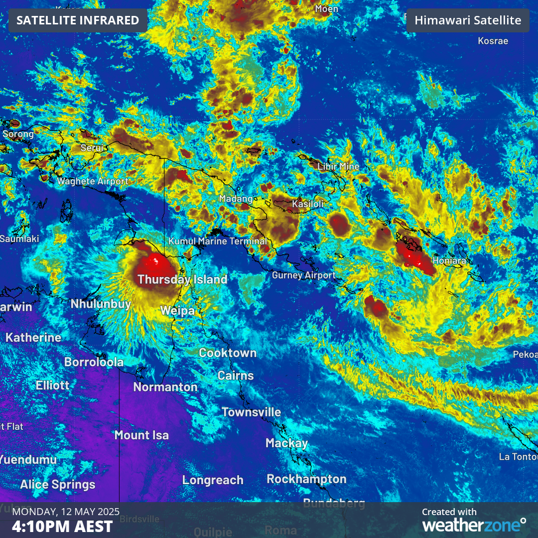 Image: Satellite showing Tropical Lows 33U and 34U over the northern Arafura Sea, and Solomon Sea, respectively, on Monday, May 12. Source: Weatherzone