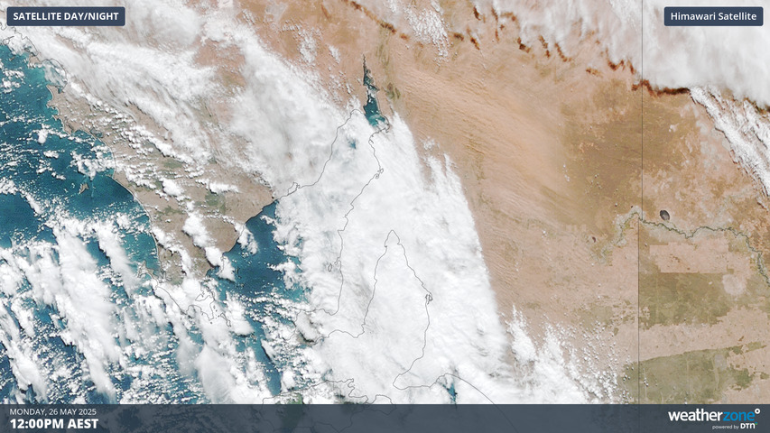 Image: Large areas of raised dust were clearly visible in SA around lunchtime ahead of the large cloudband associated with a strong cold front. Source: Weatherzone