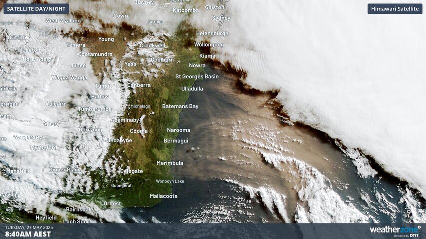 Image: Visible satellite image showing dust over the Tasman Sea on Tuesday morning. Source: Weatherzone.