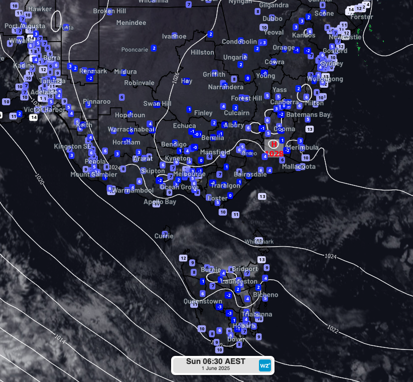 Image: Observed temperatures at 6:30am EST on Sunday 1st June across southeast Australia.. Source: Weatherzone