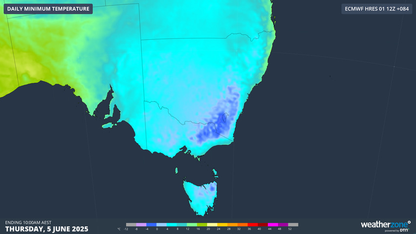 Image: Widespread frosts can be expected across SE Aus later this week after the first cold front. Source: Weatherzone