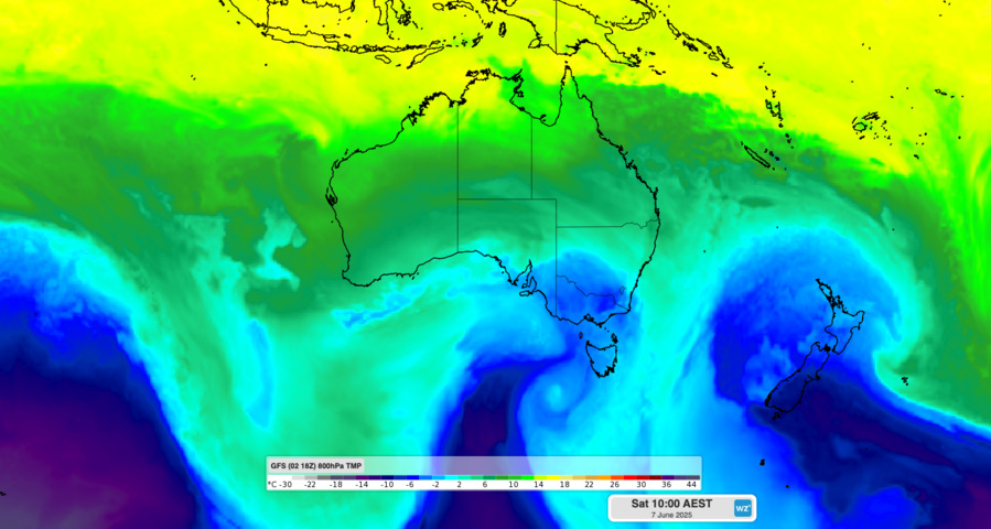 Image: Modelled 800 hPa temperature showing cold air over southeastern Australia on Saturday, June 7. Source: Weatherzone.