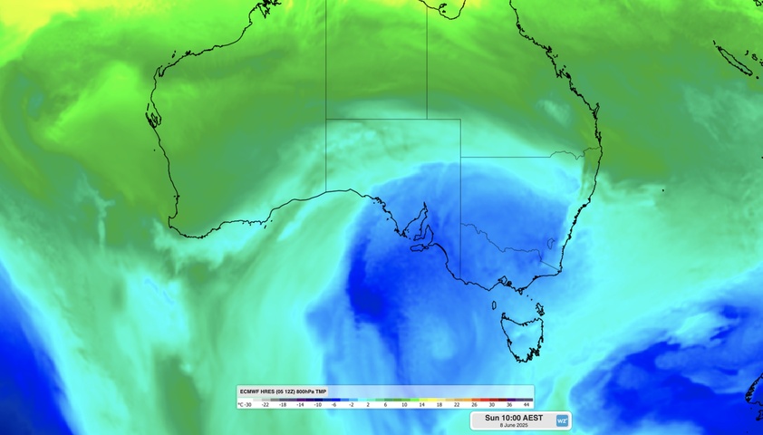 Image: Cold air over southeastern Australia on Sunday. Source: Weatherzone.