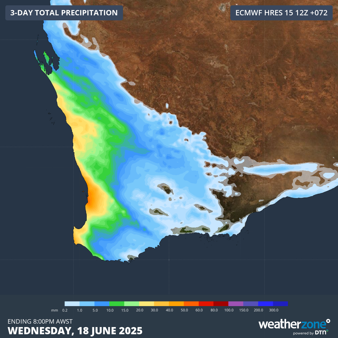 Image: Predicted rainfall accumulation in southwest WA from Monday up until the end of State of Origin Game II at 8pm on Wednesday.. Source: Weatherzone