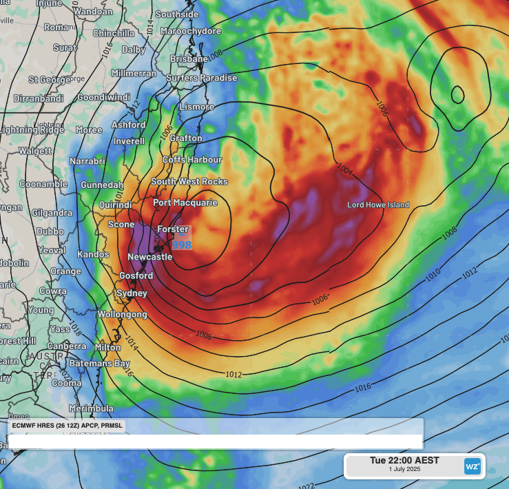 Image: Modeled Mean Sea Level Pressure and 24 hour rainfall showing an East Coast Low near NSW's Mid North Coast on Tuesday, July 1, 2025.. Source: Weatherzone