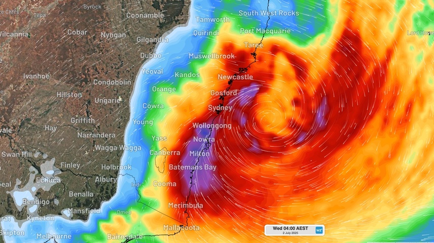 Image: 30-hour accumulated rain and wind at 4am AEST on Wednesday, July 3, 2025. Source: Weatherzone.