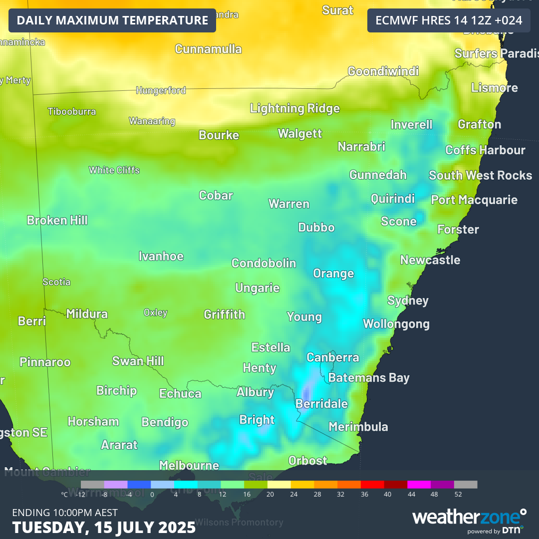 Image:  Maximum temperature across NSW on Tuesday, July 15, 2025. Source: Weatherzone