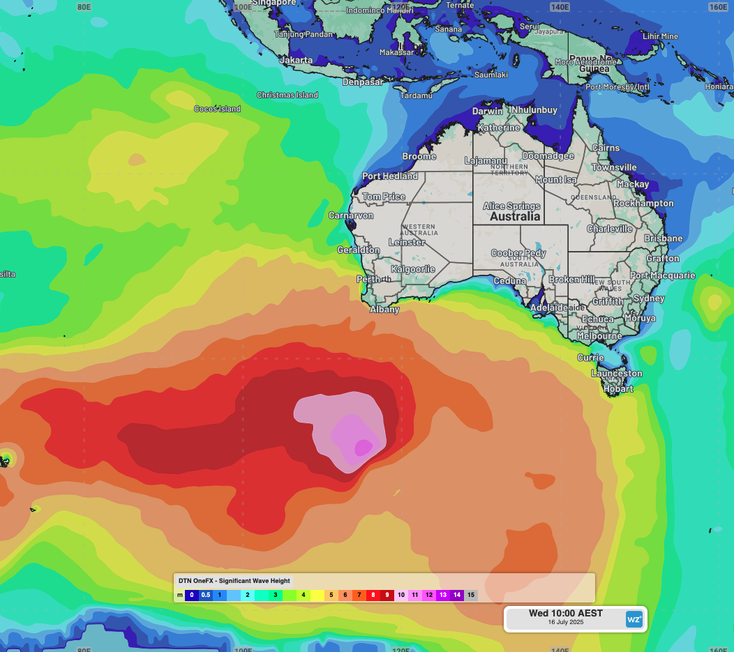 Image: OneFX significant wave heights to the south of Australia at 10am on Wednesday, July 16, 2025. Source: Weatherzone