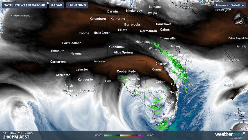 Image: Water vapour satellite image at 2 pm EST, Saturday 26th July. Source: Weatherzone