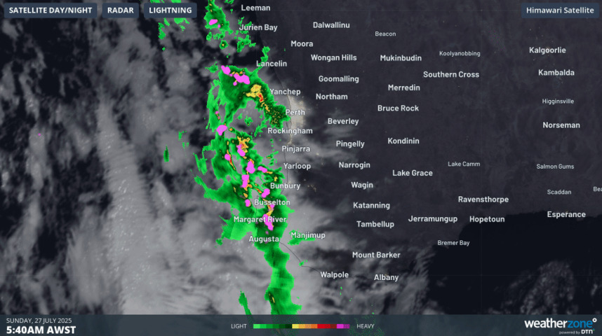 Image: Visible satellite showing the convective activity over southwest WA on the morning of Sunday, 27th July, 2025. Source: Weatherzone