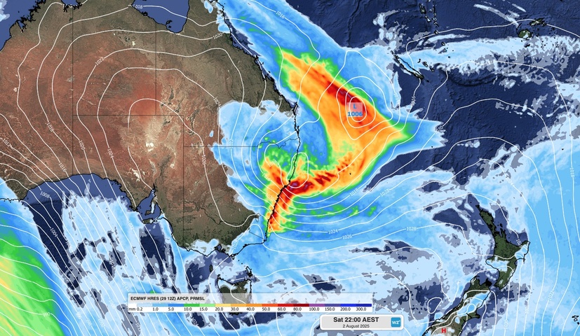 Image: Forecast 24-hour rain and mean sea level pressure at 10pm AEST on Saturday, August 2, 2025. Source: Weatherzone.