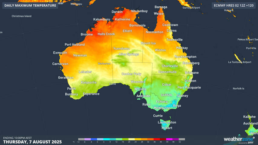 Image: A land of extremes. Maximum temperature forecast on Thursday 7th August (ECMWF). Source: Weatherzone 